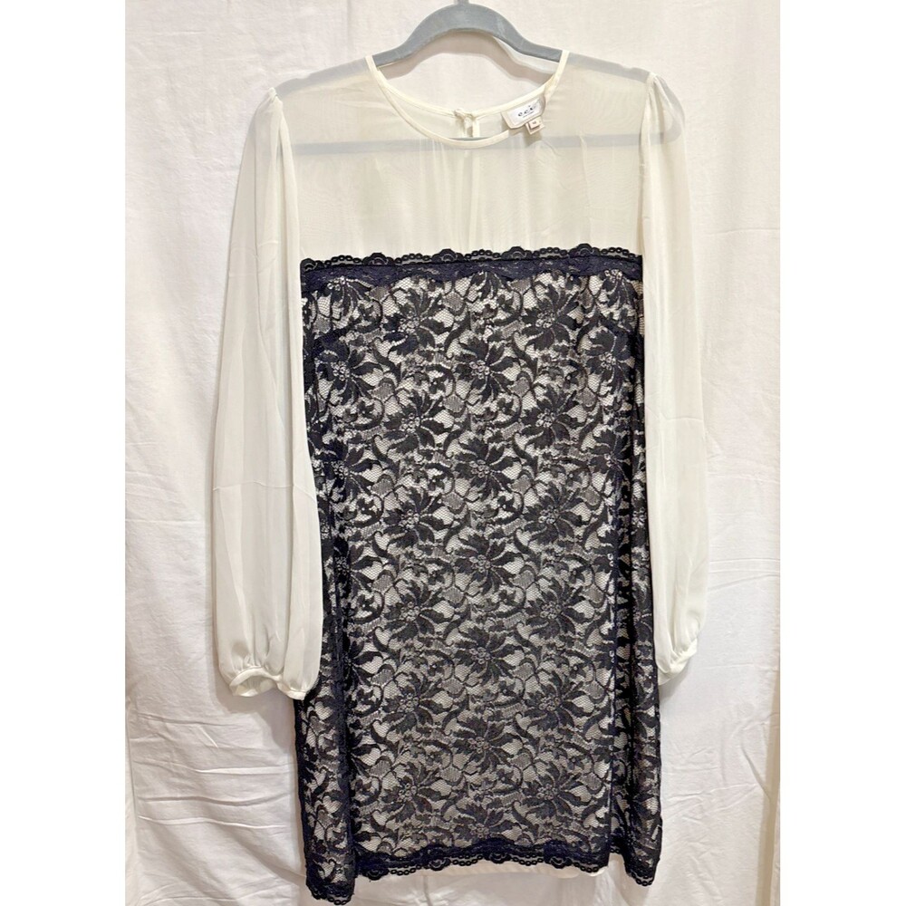 ECI New York Elegant Black Ivory Floral Lace Dress 12 Sheer Sleeves Cocktail
